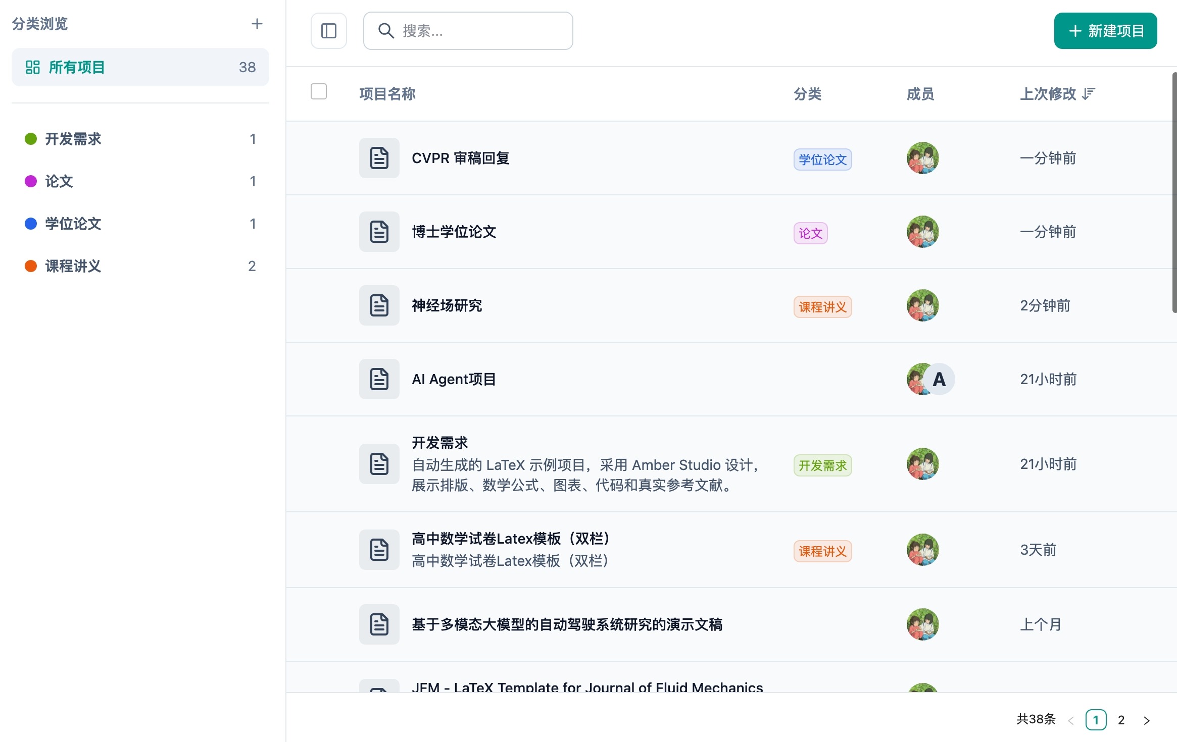 KeepResearch 项目管理界面，展示分类、项目列表、成员与最近修改时间